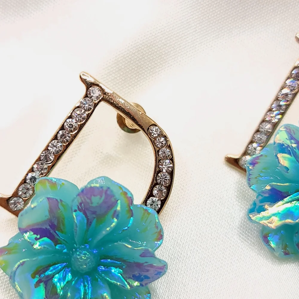 Iridescent Icy Blue Initial D Stud Earrings Aqua flower Earrings Diamond Studded